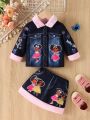 Baby Girl'S Denim-Like Princess Printed Fashionable Patched Coat And Skirt Set