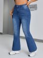 SHEIN ICON Plus Size Women'S Flared Jeans With Whiskers And Cat Whisker Details