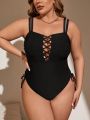 SHEIN Swim Basics Plus Size Crossed Drawstring Cami Strap One-Piece Swimsuit