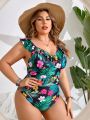 SHEIN Swim Vcay Plus Size Tropical Print One-Piece Swimsuit With Ruffled Hemline Decoration