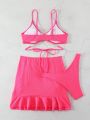 Tied & Rhinestone Decor Drawstring Solid Color Bikini Set