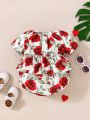 Baby Girl's Rose Printed Short Sleeve Bodysuit With Bowknot Decoration For Summer Valentine's Day