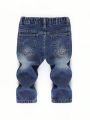 Baby Boy Casual Loose Fit Comfortable Straight Leg Jeans With Cute Bear Embroidery