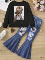 Girls' (big) Letter & Character Printed Long Sleeve Sweatshirt And Leopard Flared Pants Two Piece Set