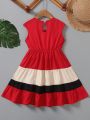 SHEIN Kids EVRYDAY Young Girl V-Neck Color Block Dress