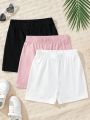 SHEIN Kids EVRYDAY Tween Girls' Knitted Solid Color Slim Fit Casual Shorts Set For Spring & Summer (3pcs)