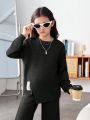 SHEIN Kids EVRYDAY Junior Girls' Knitted Solid Color Round Neck Loose Sweatshirt And Wide Leg Casual Pants 2pcs/Set