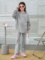 SHEIN Tween Girl Letter Patched Drop Shoulder Hooded Tee & Flare Leg Pants