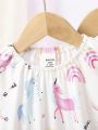 Baby Girl's Cute Casual Style Multicolor Unicorn Printed Short Jumpsuit Set With Elastic Neckline, Loose Fit And Comfortable Stretch, Including 4pcs