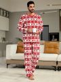 Men 1 piece Christmas Pattern Drawstring Hooded Flannelette Pullover & 1pc Sweatpants