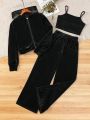 Teenage Girls' Velvet Hoodie Jacket, Camisole Top And Wide-leg Pants Casual Set