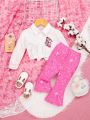 SHEIN Baby Girls' Cute Pattern Printed Long Sleeve Blouse And Bell Bottoms Pants Set