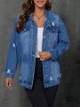 SHEIN LUNE Distressed Turn Down Collar Denim Jacket