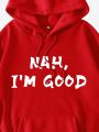 Men's Slogan Printed Hooded Sweatshirt With Drawstring And Fleece Lining