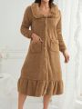 Women's Plush Long Sleeve Sleep Dress With Twin Pockets