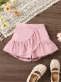 SHEIN Kids Academe Girls' Skort With Ruffle Hem And Pink Shorts