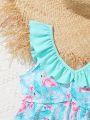 Girls' Random Printed Bikini Set With Ruffled Trim