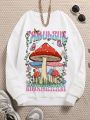 Tween Girl Mushroom & Letter Graphic Thermal Lined Sweatshirt