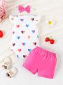 Baby Girls' Heart Print Flutter Sleeve Top And Shorts Set