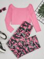 SHEIN Teen Girls' Off Shoulder T-shirt And Camo Side Pocket Long Pants Two Piece Outfits