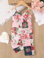 Baby Girls' Valentine's Day Floral Printed Romper With Straps For Summer