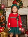 Little Girls' Christmas Pattern Bow Decorated Round Neck Sweater