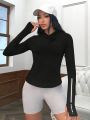 Daily&Casual Women's Reflective Logo Hooded Sports Sweatshirt With Thumb Holes For Night Running, Fitness, Outdoor Activities And Leisure