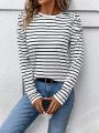 SHEIN LUNE Women's Striped Round Neck T-shirt With Puff Sleeve