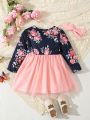 1pc Baby Girls' Elegant Floral Printed Mesh Dress