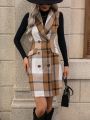 SHEIN Essnce Women's Plaid Cape Collar Double Breasted Vest Dress