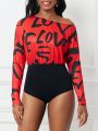 SHEIN Lady Women's Irregular Collar Long Sleeve Bodysuit With Letter Print