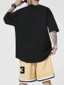 ROMWE Prep Guys Letter Printed T-shirt And Striped Trim Drawstring Waist Shorts Set