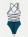 SHEIN Swim BAE Solid Color Backless Crisscross Halter One-Piece Swimsuit