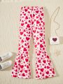 SHEIN Kids CHARMNG Valentine's Day Style Knitted Heart Pattern Casual Flared Pants For Tween Girls