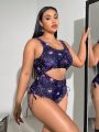 SHEIN Swim Y2GLAM Women's Plus Size Full Spider Pattern Printed Drawstring Hollow Out One Piece Swimsuit