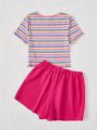 SHEIN Teen Girl Striped Heart Embroidery Lettuce Trim Tee & Wrap Hem Skort