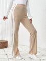 SHEIN LUNE Women's Color-block High Slit Burlap Striped Wide-leg Pants