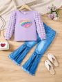 Tween Girl Round Neck Long Sleeve Top And Denim Effect Flare Pants Suit