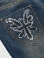 Grunge Punk Women's Rhinestone Decor Flared Jeans