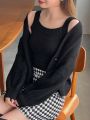 FRIFUL Women's Solid Color Ribbed Knit Camisole Top And Patch Pocket Cardigan Set