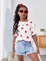 SHEIN Girls' Casual Loose-Fit Knitted Heart Print Short Sleeve T-Shirt With Round Neck For Daily Life