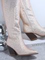 Metallic Rhinestone Decor Side Zipper Chunky Heeled Boots