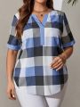 EMERY ROSE Plus Size Notch Neck Short Sleeve Plaid Blouse