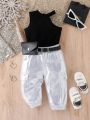 Baby Girl Solid Color Vest And Silver Drawstring Waist Pants Set For Street Style, Summer