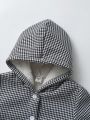 SHEIN Kids FANZEY Young Boy Houndstooth Print Teddy Lined Hooded Coat