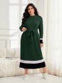 SHEIN Mulvari Plus Size Color Block Trimmed Belted Sweater Dress