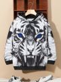 SHEIN Boys' Casual Loose Fit Knit Hoodie With Animal Printed Pattern, Youth