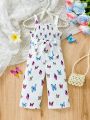 SHEIN Baby Girl Cute Butterfly Pattern Print Woven Straps Jumpsuit With Chest Ruffle And Long Pants