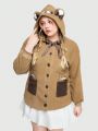 ROMWE Kawaii Women'S Hooded Coat With Bear Embroidery