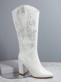 Embroidery Detail Pointy Toe Chunky Heel Boots